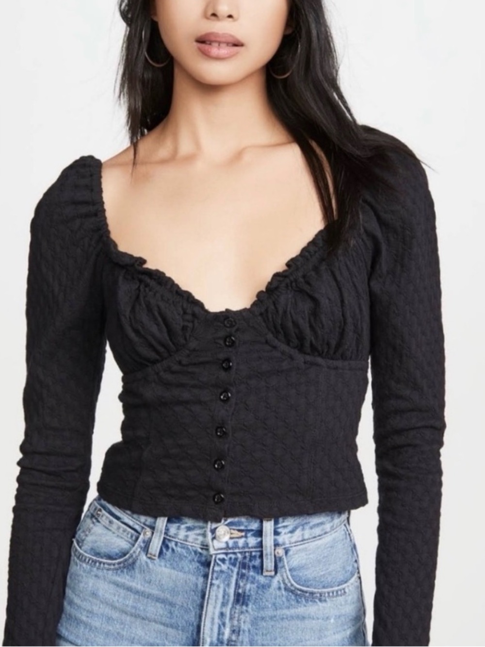 Free People Black Long-Sleeve Button Front Sweetheart Top